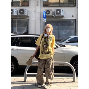 复古沙漠迷彩多口袋弯刀工装裤廓形阔腿伞兵牛仔裤K83106-P56网图图片