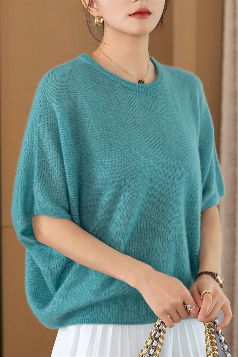 软糯宽松休闲桑蚕丝羊绒衫2025秋冬女圆领蝙蝠短袖薄款毛衣针织衫,女装羊绒衫,咔绒特