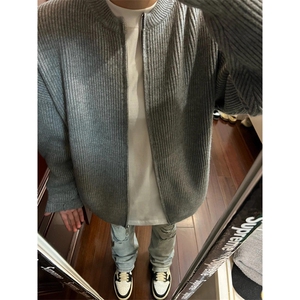 圆领拉链开衫毛衣男春秋简约休闲针织外套宽松纯色百搭潮 M2311图片