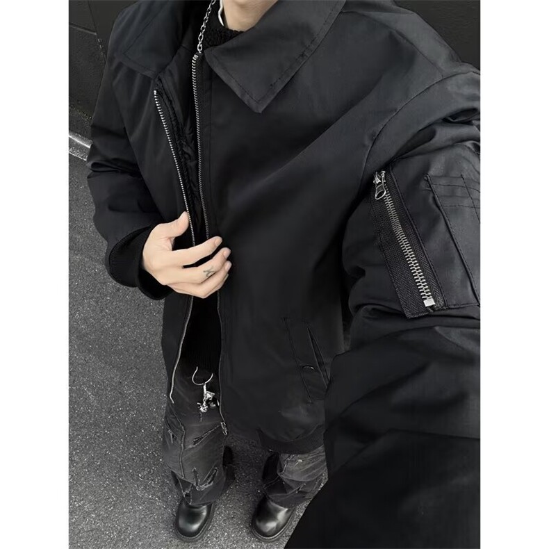 美式cleanfit外套男款秋冬加厚翻领短款藏青色飞行员夹克棒球棉服,男装夹克,四季星座505