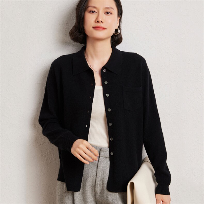 高品质纯色衫开衫polo领女翻领针织衬衣宽松外套羊毛衣打底衫图片