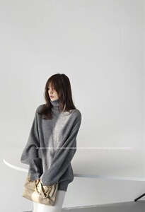 慵懒风q气质潮流高领毛衣女秋冬女装复古中长款宽松针织上衣图片