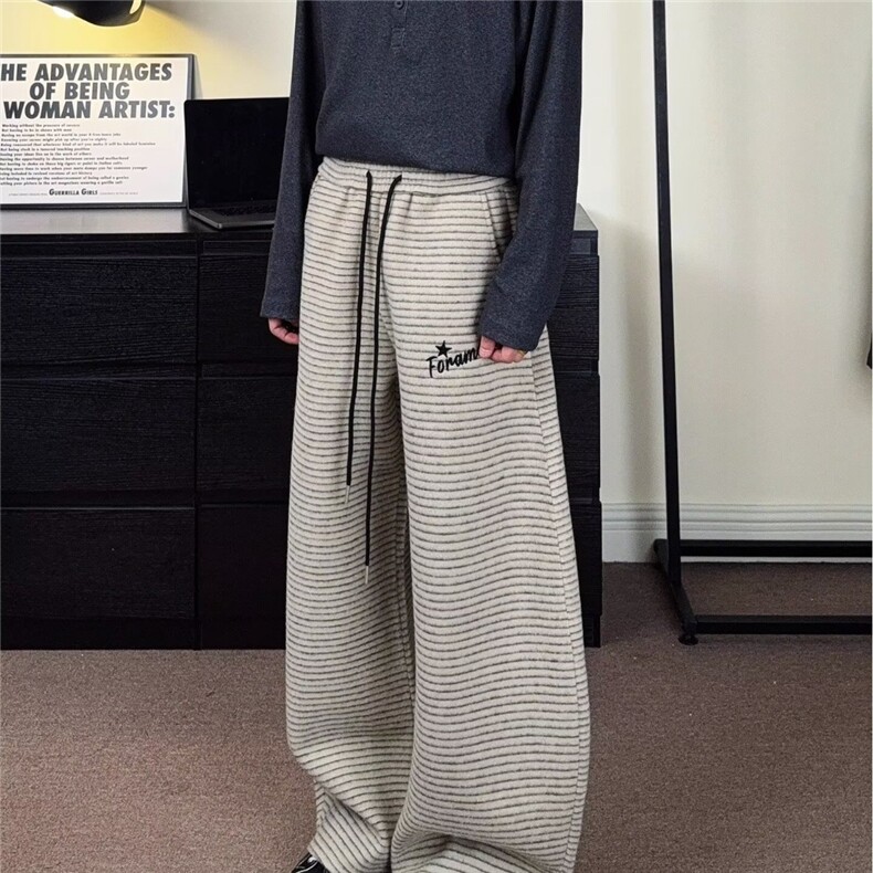 阔腿裤女春秋2025新款垂感宽松bf慵懒黑白斜条纹休闲直筒运动裤潮,女装休闲裤,星座506A