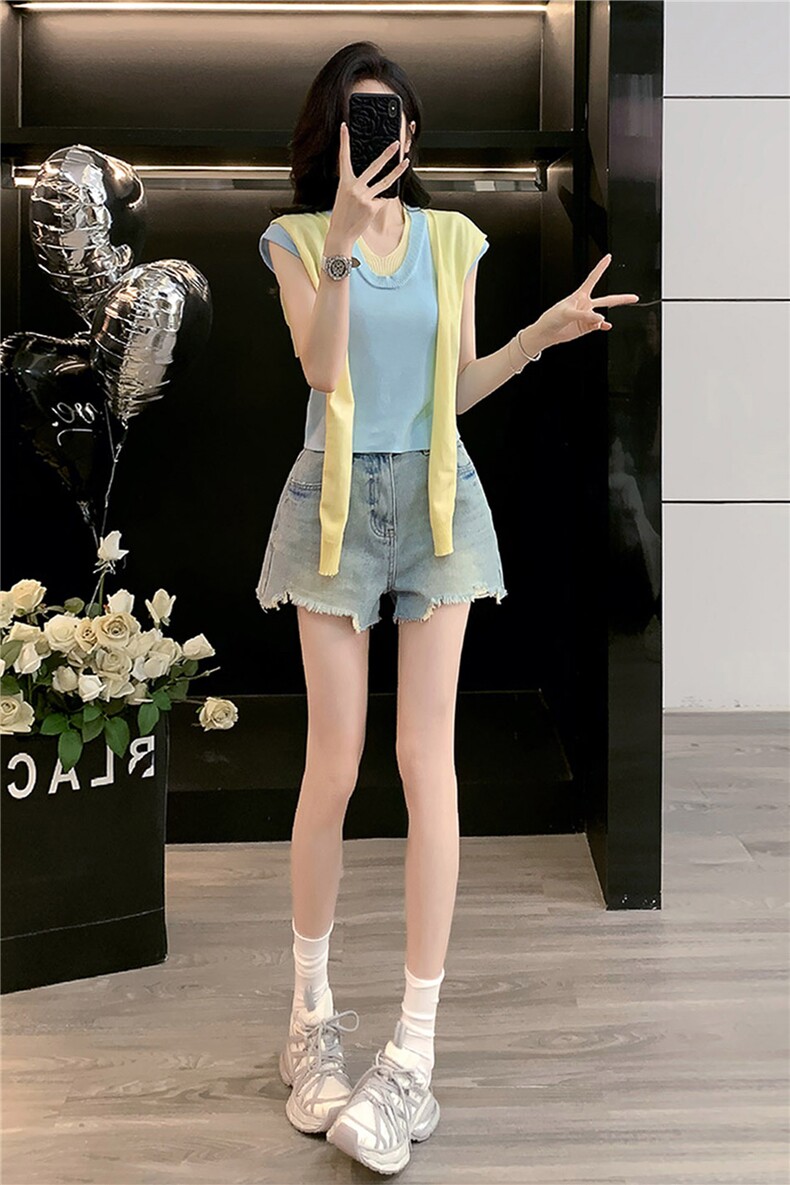 韩系温柔风时尚套装女夏款V领系带披肩假两件上衣牛仔短裤两件套,女装套装/套裙,江南