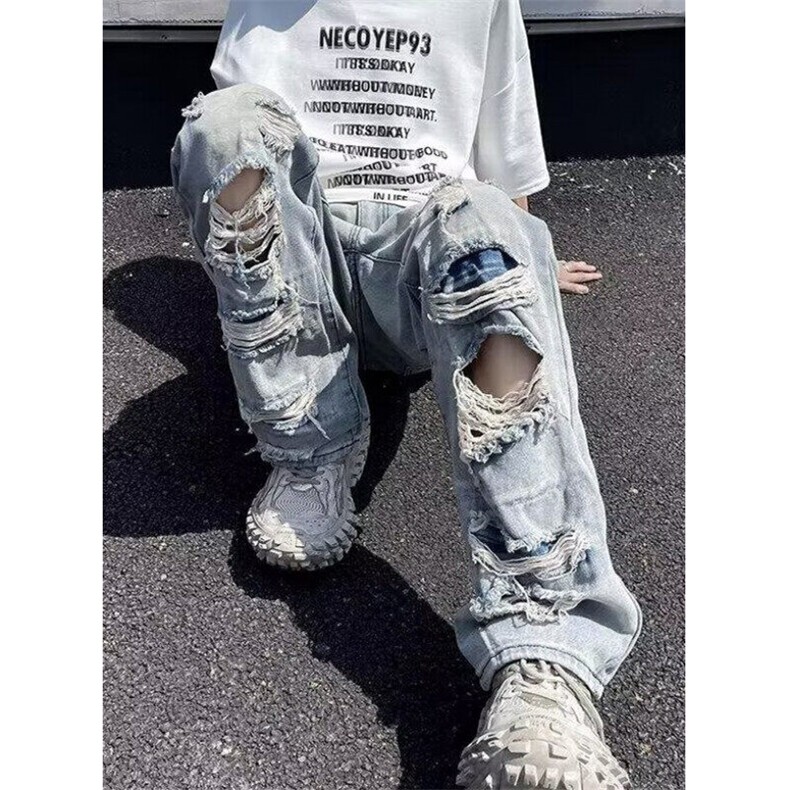 高街破洞牛仔裤男款直筒长裤街头乞丐裤痞帅炸街阔腿裤NK7045，男装牛仔裤，星座1116A（原606A-3）