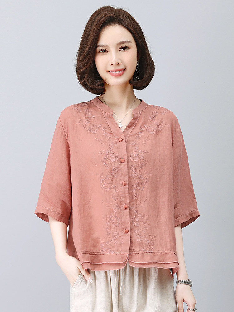优雅刺绣苎麻短袖上衣夏季宽松显瘦女装衬衫,女装衬衫,悦见她