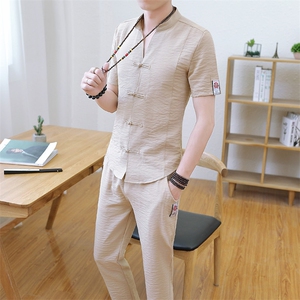 夏季短袖套装男中国风棉麻亚麻t恤潮休闲两件套唐装衣服TZ019-P50图片