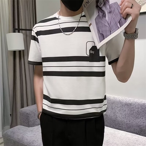 痞帅T恤男短袖夏季修身中袖条纹体恤设计感上衣服潮流半袖 G42图片