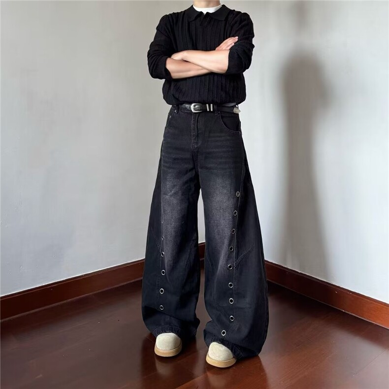 扣子弯刀裤牛仔裤女宽松垂感休闲阔腿裤设计感拖地裤长裤NZA2215图片