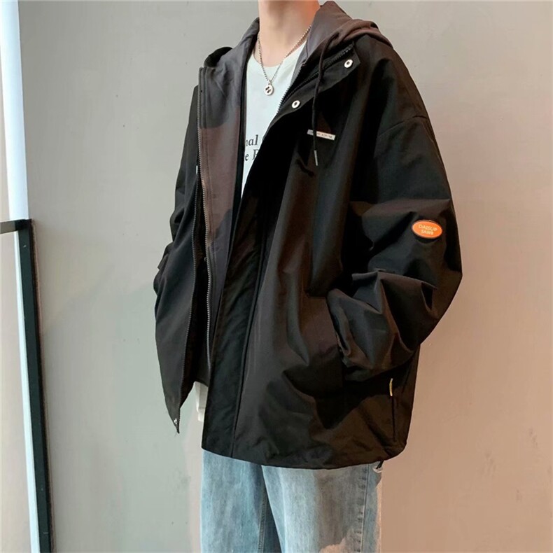 春秋季ins高街假两件外套男潮牌宽松连帽夹克原宿上衣 W2451-P52图片