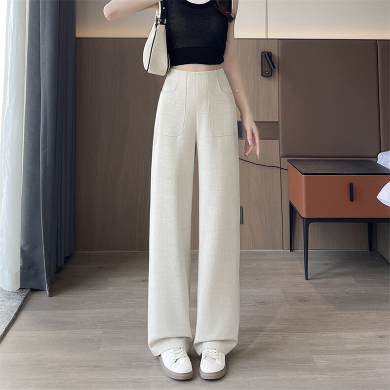 现货2025年仿亚麻窄版阔腿裤女新款高腰大码垂感休闲裤直筒拖地裤,女装休闲裤,云美莎专业女裤-全店现货