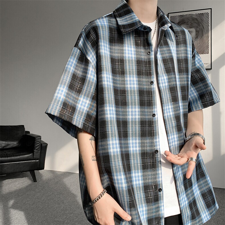 8XL-M格子短袖衬衫男夏季薄款DK制服衬衣JK学院风半袖外套DC28004,男装T恤,电商B312