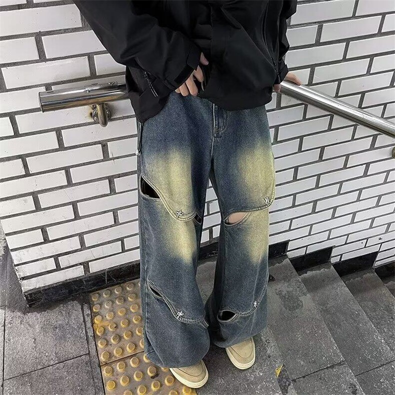DK8012-P58美式街头高腰牛仔裤男夏季百搭直筒设计感镂空阔腿裤潮,男装牛仔裤,星座603-2