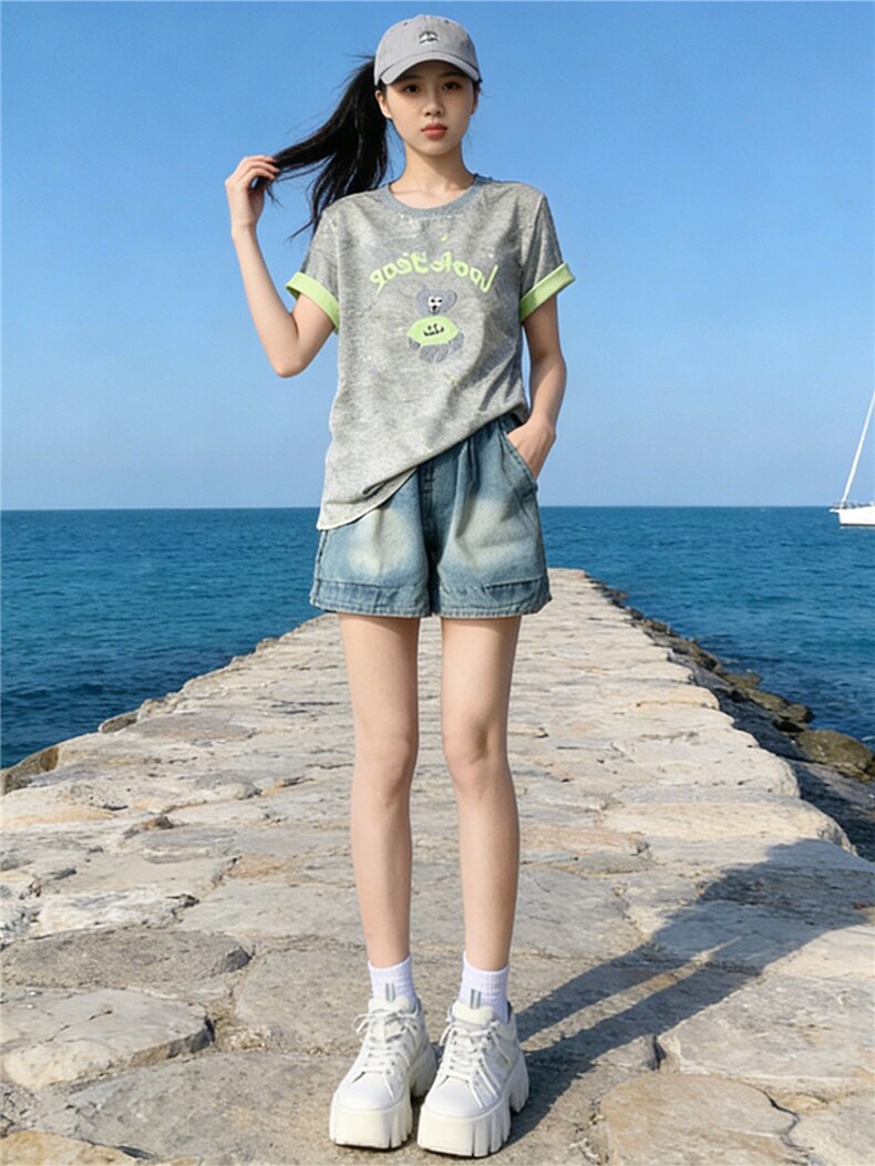 韩系休闲运动时尚套装女夏新款圆领扎染刺绣上衣牛仔短裤两件套潮,女装套装/套裙,江南