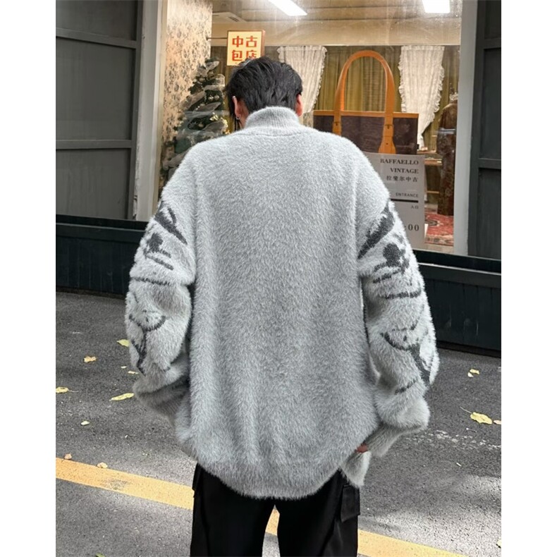 美式复古蝴蝶拉链毛衣外套春秋季水貂绒慵懒风宽松针织开衫上衣,男装针织衫/毛衣,星座601-1