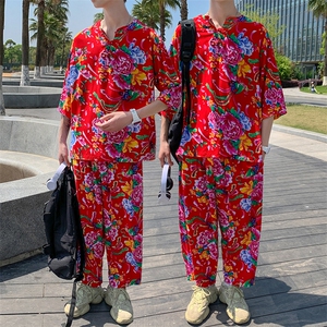 TZ340男士夏季风大花布套装大码宽松凉爽透气民族风个性外套,四级写作高级搭配图片