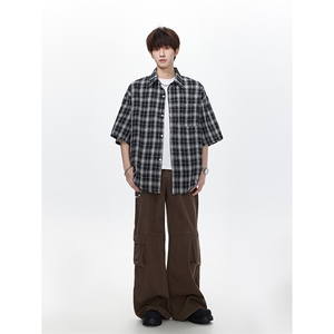 宽松格子五分袖泡泡纱男生衬衫KD686-P40图片