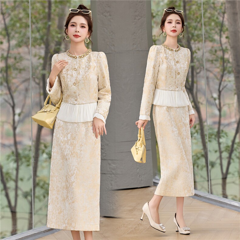 新款春季优雅高端大气提花收腰气质两件套，女装套装/套裙，布芭啦
