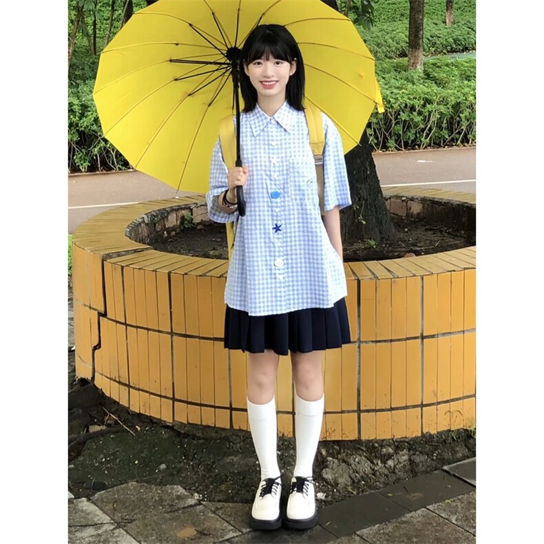蓝色泡泡纱短袖衬衫男女夏季设计感纽扣格子衬衣休闲情侣外套,男装T恤,星座506A