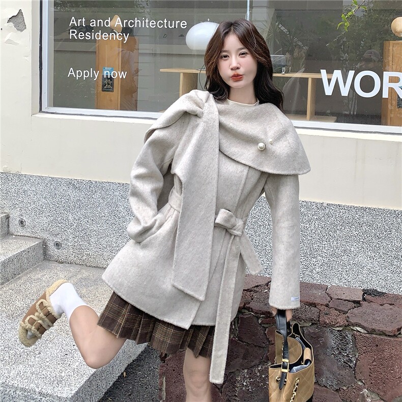 双面羊毛呢短外套女2025秋冬新款可脱卸围巾领两穿小个子呢子大衣，女装双面呢大衣，琦鑫阁（原依鑫阁）