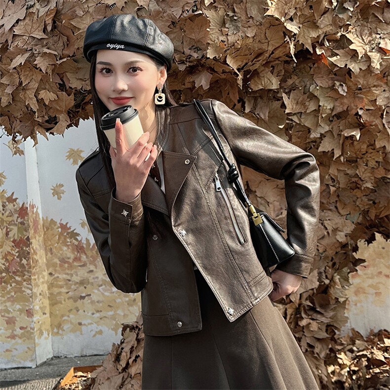 【春装现货】美拉德网红风格皮衣修身减龄外套2024年春季，女装皮衣，江南女神