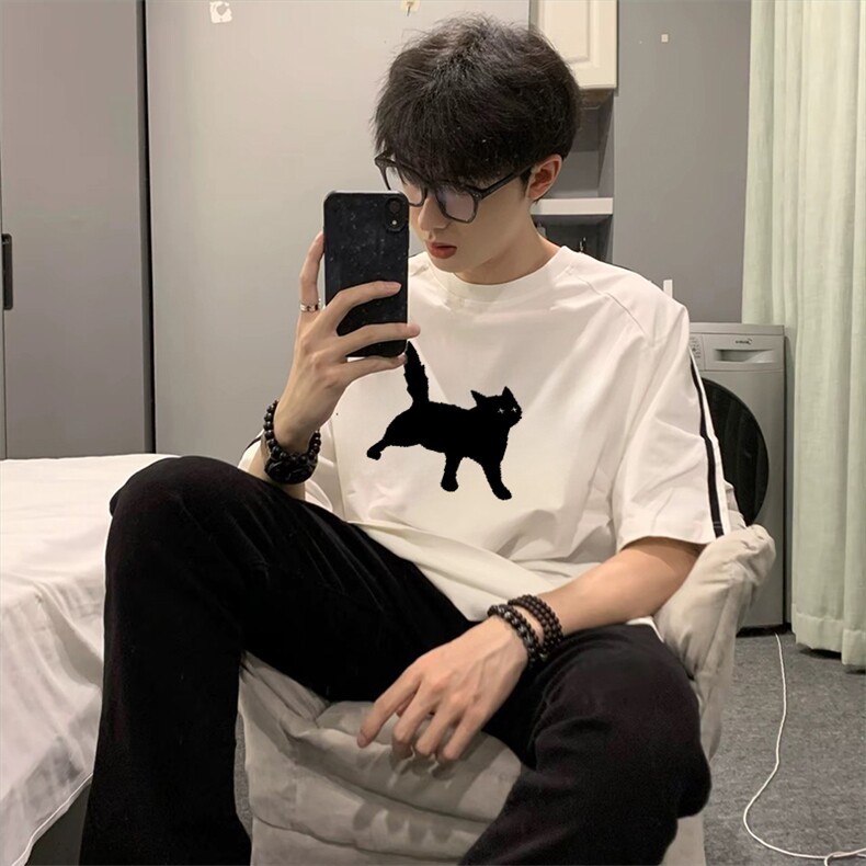 抖音得物高品质二开240克宽松纯棉美式潮牌三条杠织带短袖T恤，男装T恤，电商A486-1