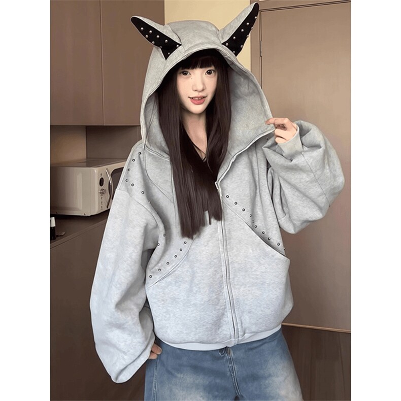 网图有货美式拼接铆钉杜宾犬耳朵连帽卫衣外套男女A811-P53,女装短外套,星座1505