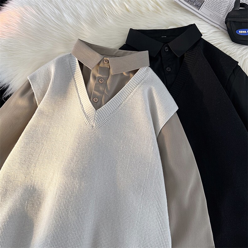 2025男士假两件卫衣衬衫领新款刺绣针织打底衫CS16-68，男装T恤，电商B278