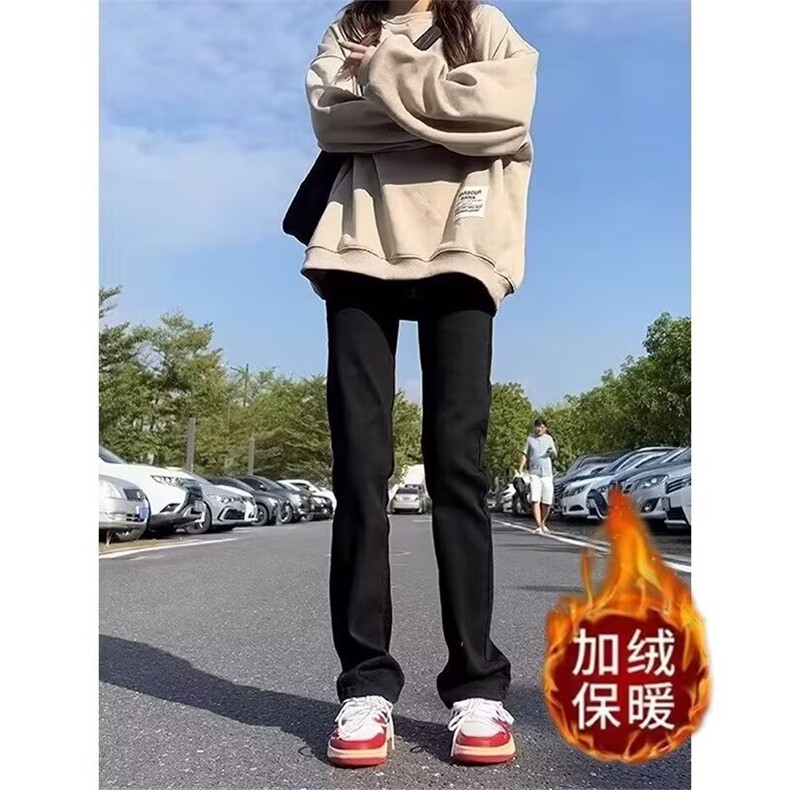W10882-P38 特批 网图现货 美式复古高街黑色微喇加绒加厚牛仔裤图片