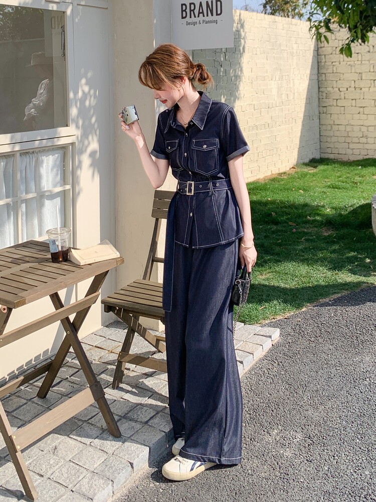休闲工装收腰牛仔阔腿裤套装女夏2026新款高级感两件套松弛感,女装套装/套裙,印象茜