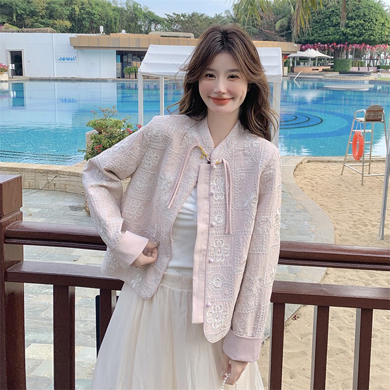 粉色新中式重工刺绣外套女2025春季新款高级感温柔风气质显瘦上衣，女装短外套，维壹