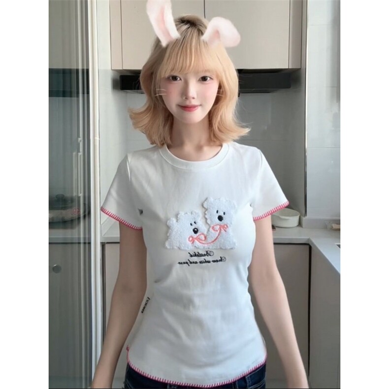 H0887-P35原版穿线+订标+毛巾绣包边拉肩修身短袖T恤,女装T恤,星座617A-2