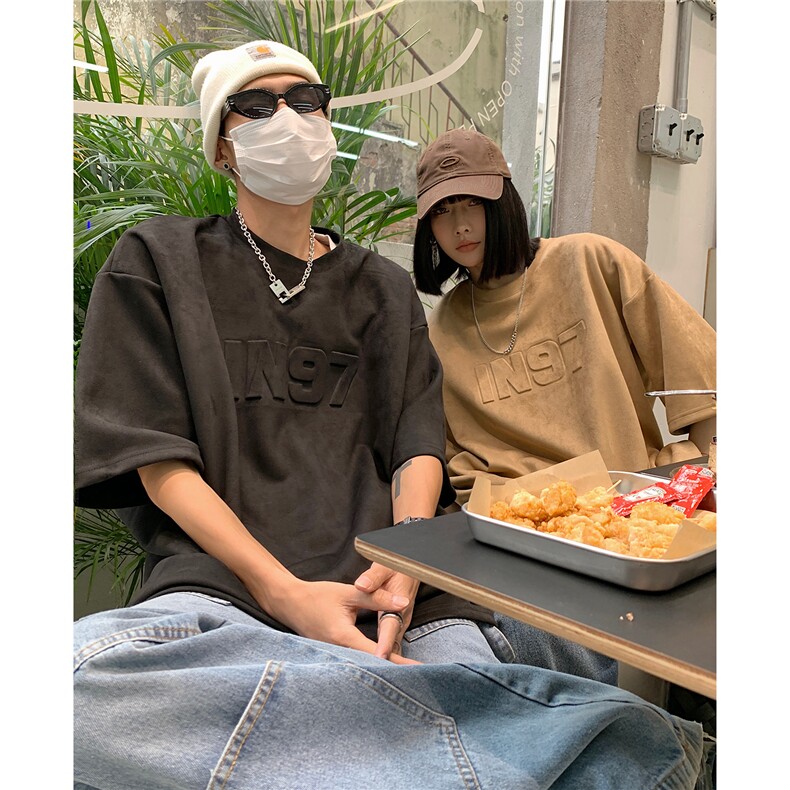 情侣装夏季新款美式复古字母钢印麂皮绒宽松圆领半袖T恤D296P38,男装T恤,电商A335-1（原A458）
