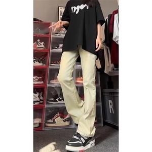 春秋美式复古长裤高街水洗黄泥牛仔裤男夏季高腰直筒修身微喇裤,红黄耳钉搭配衣服图片