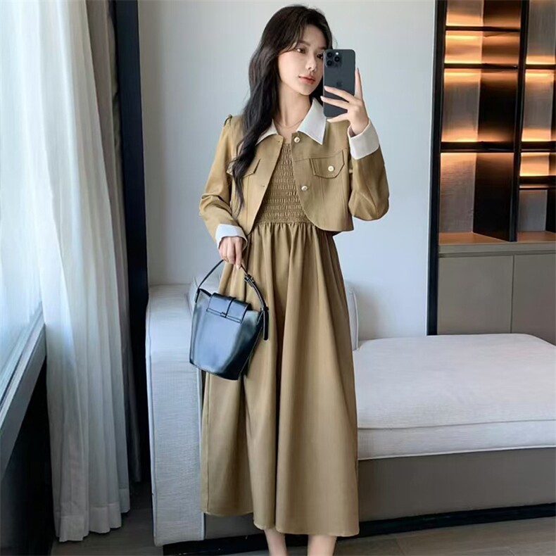 现货2024年秋季新款女时尚潮流气质小香风外套吊带修身连衣裙套装,女装套装/套裙,煊芮熙