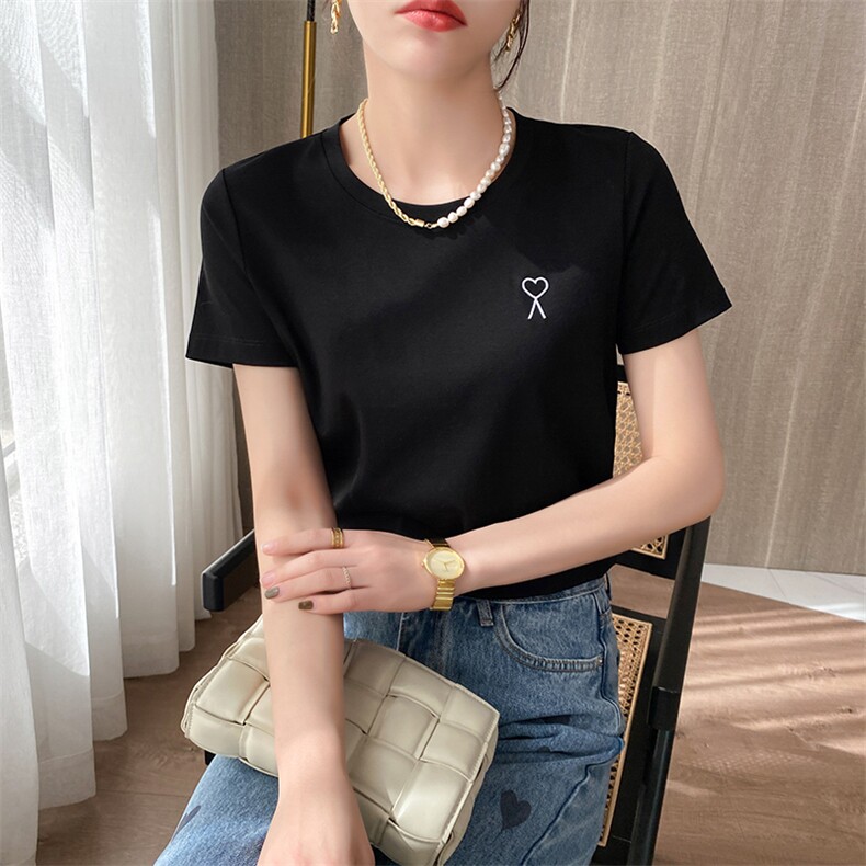 爱心线条图案简约大方圆领短袖,女装T恤,元素羊绒