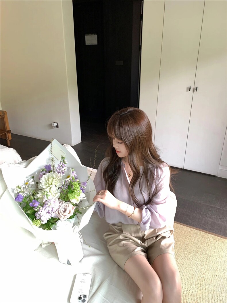 紫色气质简约苎麻宽松遮肉显瘦轻薄防晒衬衫,女装衬衫,湘姗