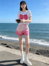 简约个性休闲时尚套装女夏新款刺绣蝴蝶结上衣粉色牛仔短裤两件套，女装套装/套裙，江南