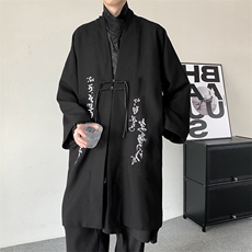 新风潮书法刺绣风衣新中式汉元素长款改良汉服开衫褙子外套，男装风衣，星座909