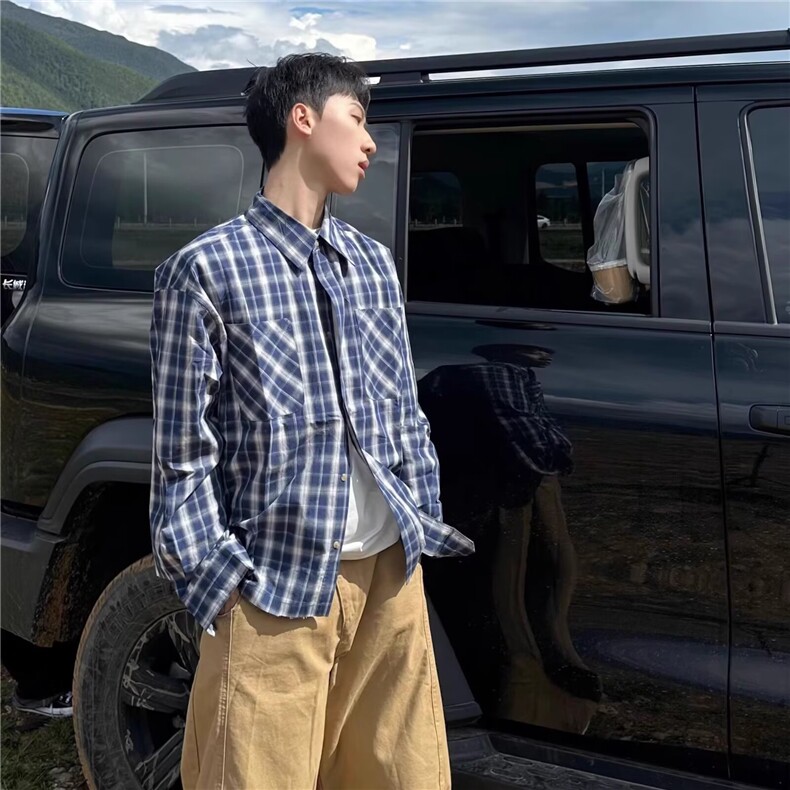 美式复古毛边2025格子衬衫男高级感痞帅长袖格纹衬衣外套,男装衬衫,星座506A