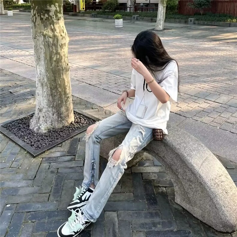复古水洗蓝色破洞牛仔裤美式潮牌男女高腰宽松直筒百搭阔腿休闲裤,男装牛仔裤,星座506A