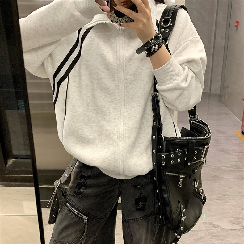抖音得物高品质二开25秋冬美式重磅结构织带撞色立领卫衣外套W70,男装卫衣,电商A486