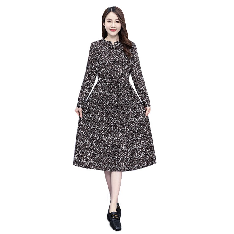 文艺复古碎花长袖连衣裙女春秋2023新款时尚减龄修身收腰过膝长裙,女装连衣裙,凝聚力