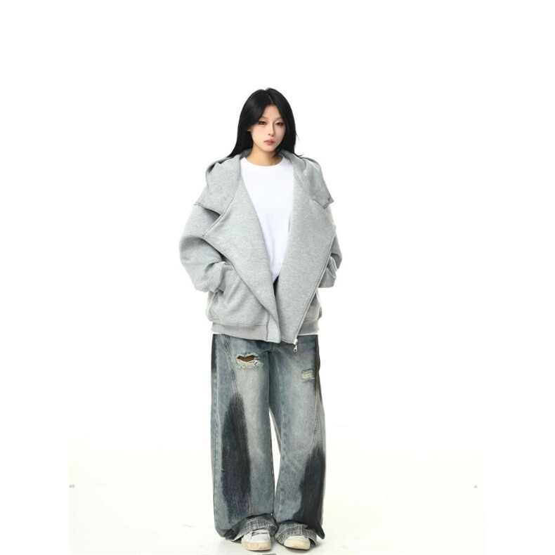 美式双拉链开衫连帽卫衣男女春秋重磅潮牌灰色加厚设计感情侣外套,女装短外套,星座516A
