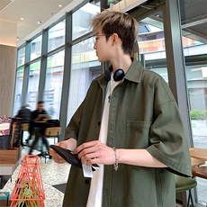 港风日系复古vibe纯色翻领工装短袖衬衫潮XZ213-CS8803-P45控58，男装T恤，星座213