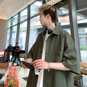 港风日系复古vibe纯色翻领工装短袖衬衫潮 XZ213-CS8803-P45控58图片
