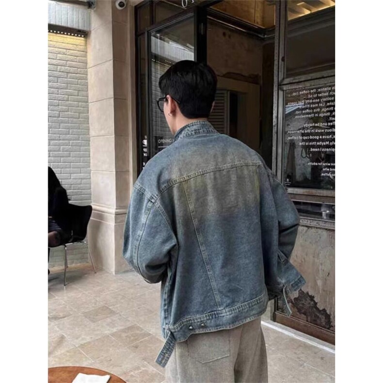 网络图现货美式复古痞帅水洗黄泥染立领牛仔拉链夹克J2205-P88,男装工装外套,星座715-7