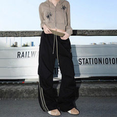 侧条纹休闲卫裤女2025夏季设计感抽绳阔腿运动休闲长裤K6223-P45，男装休闲裤，星座412-1