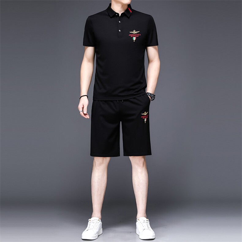 2023新款男士休闲运动套装中年男装夏季翻领短袖t恤冰丝一套衣服,男装休闲套装,电商B212（原钱塘6029）