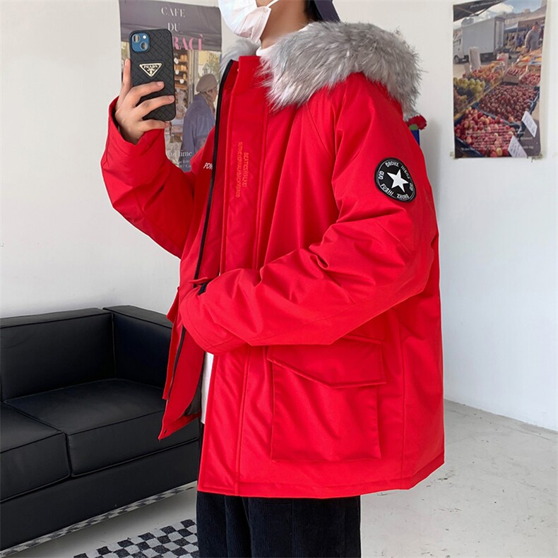 数据款现货连帽大毛领刺绣大口袋情侣学生中长款加厚白鸭绒羽绒服图片